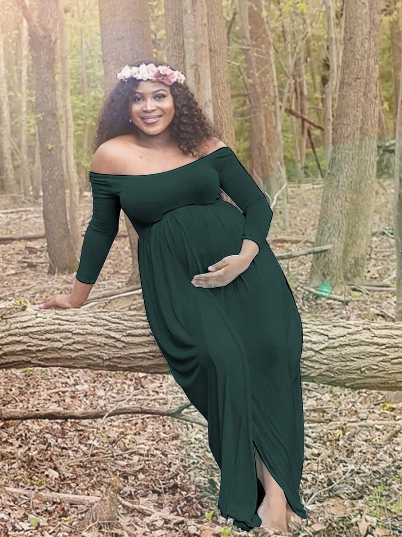 YnimioAOX Women's Off Shoulder Long Sleeve Maternity Dress for Photography Chiffon Maternity Gown for Photoshoot - Image 5